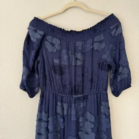 Shoshanna midnight navy blue floral embossed off shoulder maxi dress Prom 4 - Picture 10 of 15